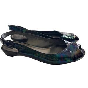 Stuart Weitzman Patent Leather Sling‎ Back Flats Women's 8 Black Petrol Patent